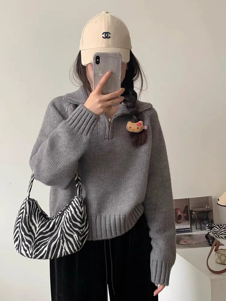 Quarter Zip Sweater Pullover Women Cozy Knitted Long Sleeve Sailor-Collar Plain Jumper Classic Basic Autumn Winter 2026