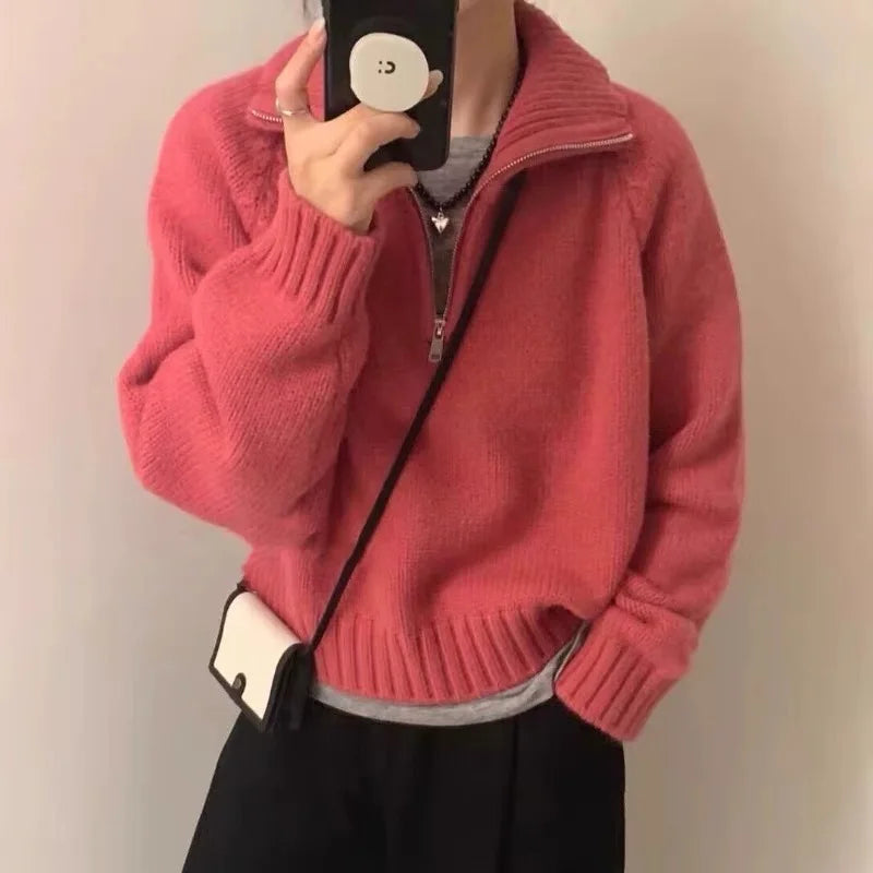 Quarter Zip Sweater Pullover Women Cozy Knitted Long Sleeve Sailor-Collar Plain Jumper Classic Basic Autumn Winter 2026