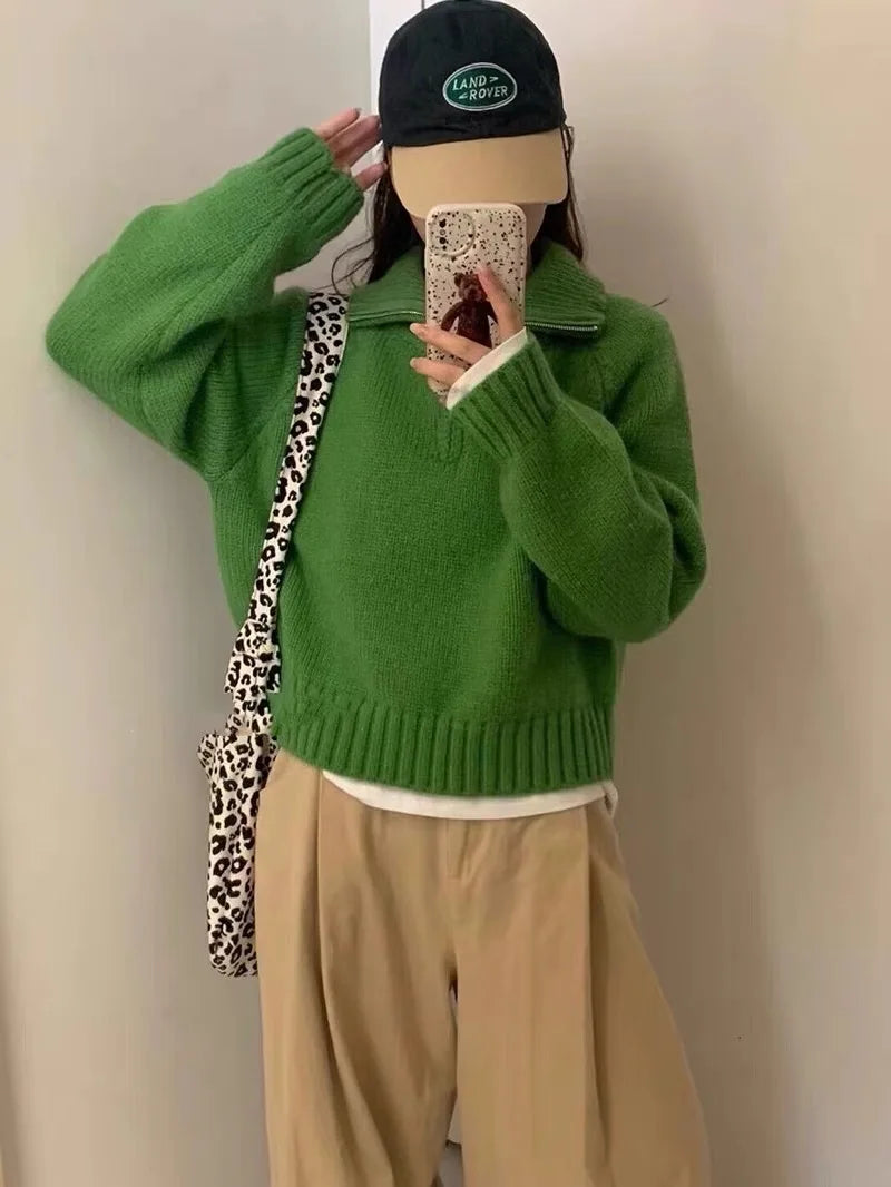 Quarter Zip Sweater Pullover Women Cozy Knitted Long Sleeve Sailor-Collar Plain Jumper Classic Basic Autumn Winter 2026