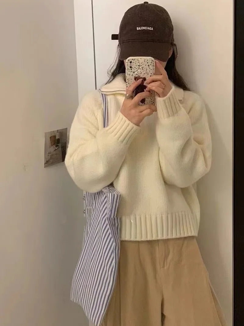 Quarter Zip Sweater Pullover Women Cozy Knitted Long Sleeve Sailor-Collar Plain Jumper Classic Basic Autumn Winter 2026