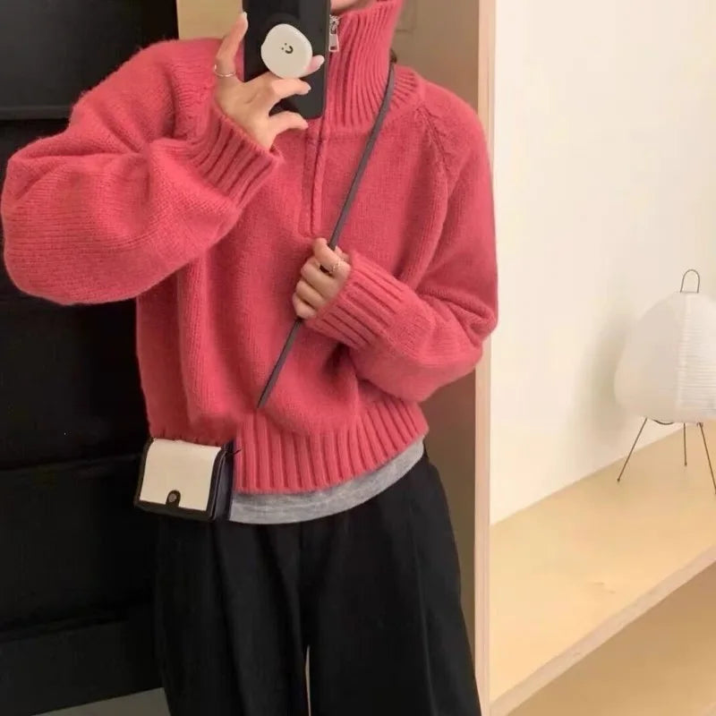 Quarter Zip Sweater Pullover Women Cozy Knitted Long Sleeve Sailor-Collar Plain Jumper Classic Basic Autumn Winter 2026