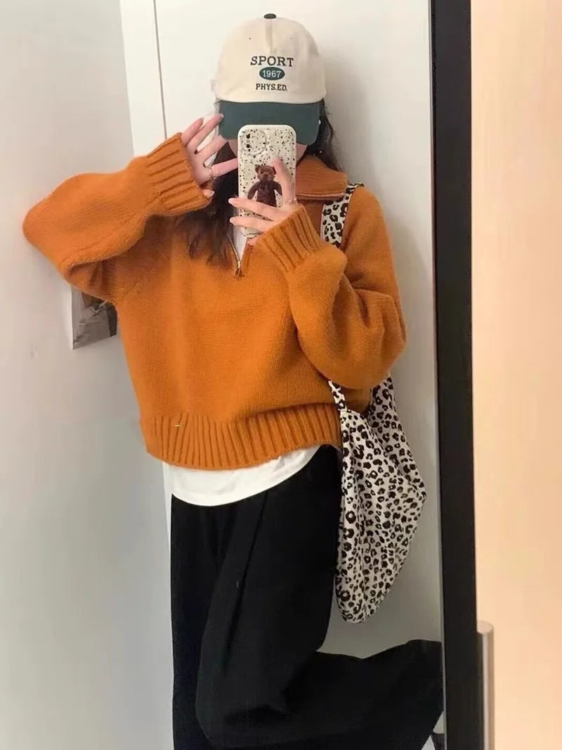 Quarter Zip Sweater Pullover Women Cozy Knitted Long Sleeve Sailor-Collar Plain Jumper Classic Basic Autumn Winter 2026