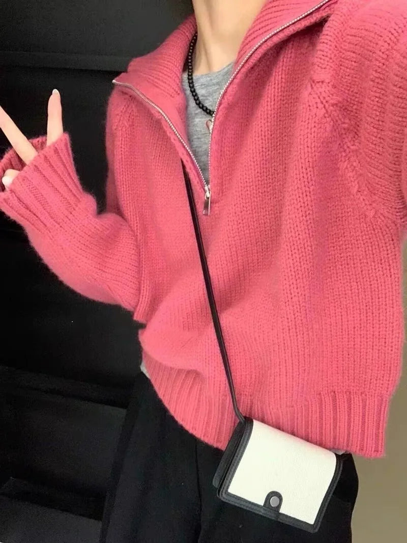 Quarter Zip Sweater Pullover Women Cozy Knitted Long Sleeve Sailor-Collar Plain Jumper Classic Basic Autumn Winter 2026